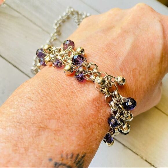 Purple Crystal Silver Chain Necklace Bracelet Set - Picture 4 of 4